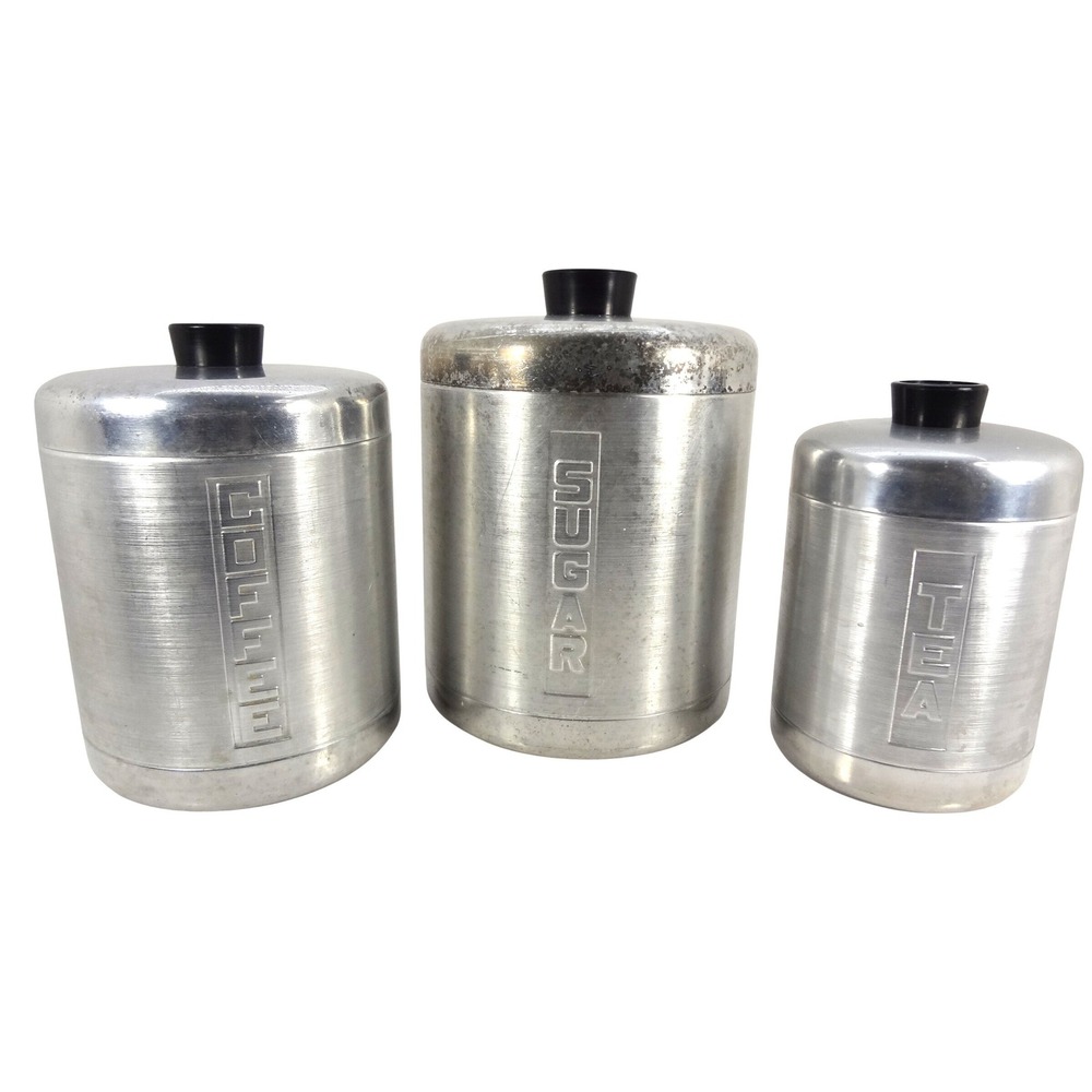 Vintage Mid Century Metasco Aluminum‎ Kitchen Canister Set Sugar Coffee Tea